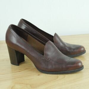Vintage Size 9 Heels Loafers Brown Leather Preppy Academia Chunky Heel 90s